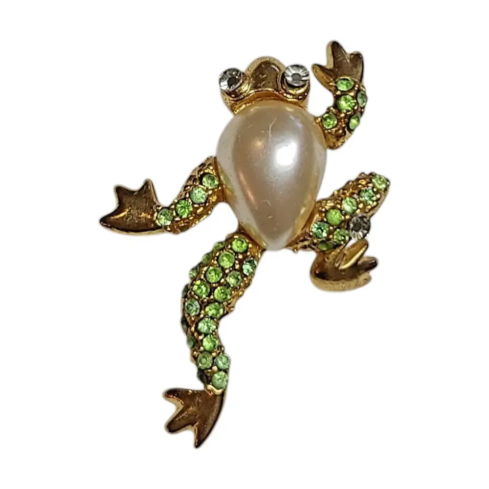 Vintage Gold Tone Frog Brooch Pin Green AB Rhinestone Crystals Faux Pearl Belly